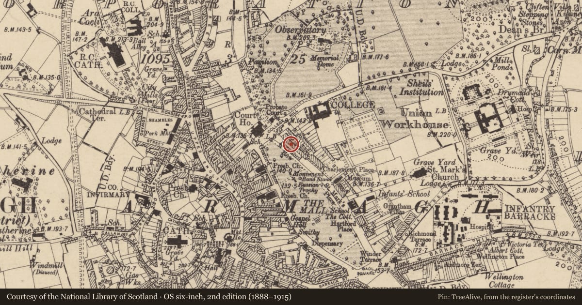 Ordnance Survey six-inch map, 2nd edition (1888–1915) covering the location of 5 Beresford Row, Armagh City, Banbridge and Craigavon, with a pin at the register's coordinates