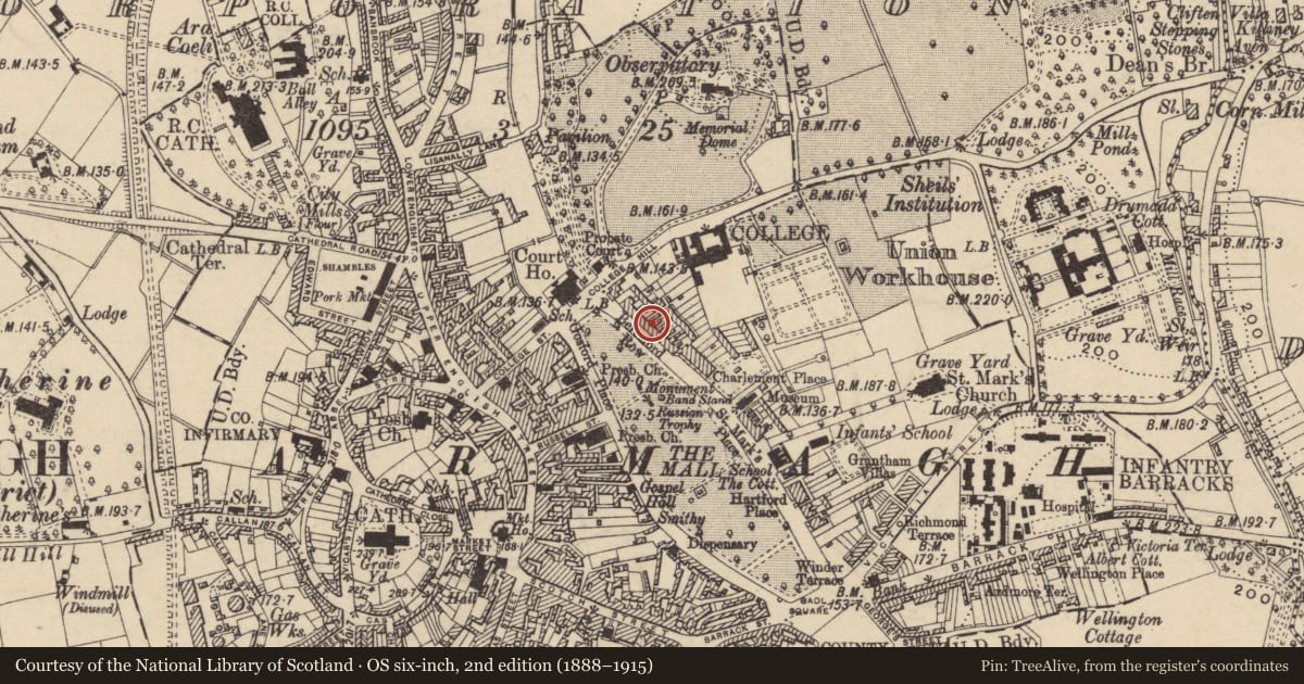 Ordnance Survey six-inch map, 2nd edition (1888–1915) covering the location of 6 Beresford Row, Armagh City, Banbridge and Craigavon, with a pin at the register's coordinates