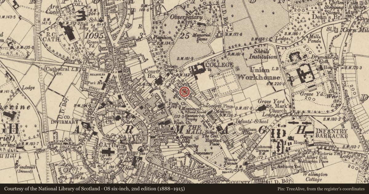 Ordnance Survey six-inch map, 2nd edition (1888–1915) covering the location of 7 Beresford Row, Armagh City, Banbridge and Craigavon, with a pin at the register's coordinates