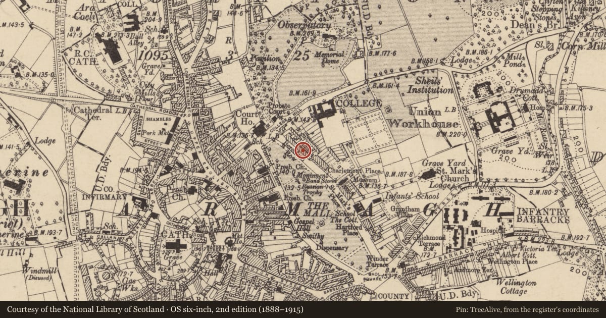 Ordnance Survey six-inch map, 2nd edition (1888–1915) covering the location of 8 Beresford Row, Armagh City, Banbridge and Craigavon, with a pin at the register's coordinates