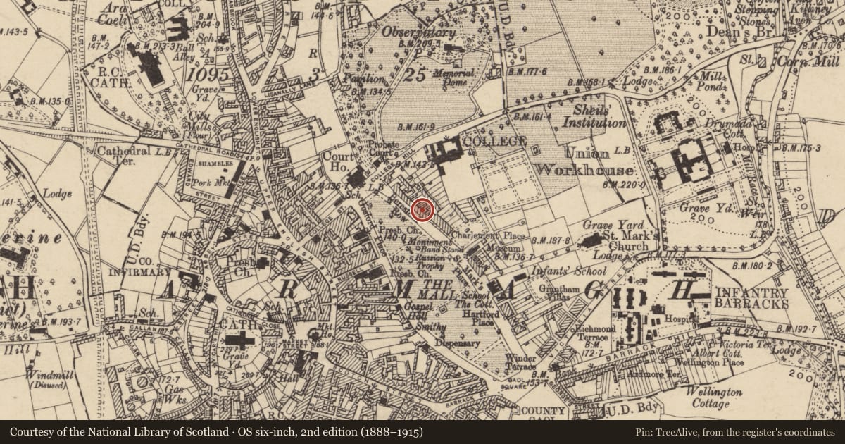 Ordnance Survey six-inch map, 2nd edition (1888–1915) covering the location of 9 Beresford Row, Armagh City, Banbridge and Craigavon, with a pin at the register's coordinates