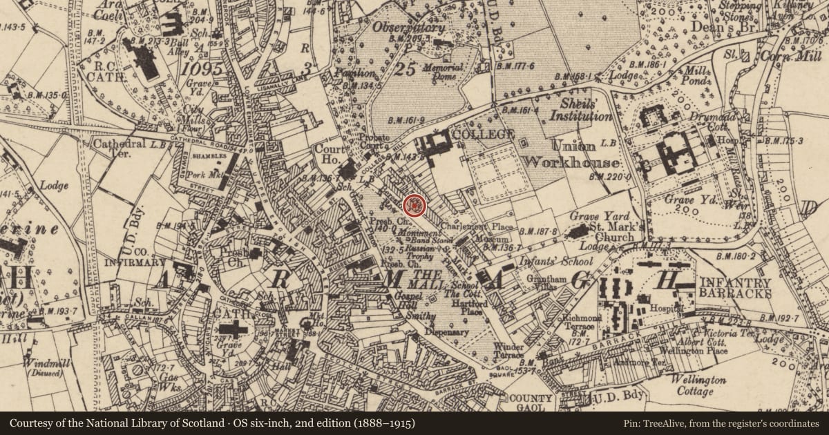 Ordnance Survey six-inch map, 2nd edition (1888–1915) covering the location of 10 Beresford Row, Armagh City, Banbridge and Craigavon, with a pin at the register's coordinates
