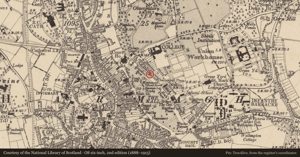 Ordnance Survey six-inch map, 2nd edition (1888–1915) covering the location of 11 Beresford Row, Armagh City, Banbridge and Craigavon, with a pin at the register's coordinates