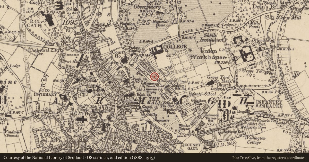 Ordnance Survey six-inch map, 2nd edition (1888–1915) covering the location of 1 Charlemont Place, Armagh City, Banbridge and Craigavon, with a pin at the register's coordinates