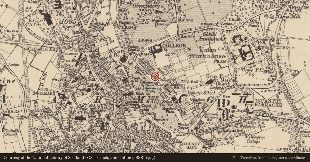 Ordnance Survey six-inch map, 2nd edition (1888–1915) covering the location of 3 Charlemont Place, Armagh City, Banbridge and Craigavon, with a pin at the register's coordinates
