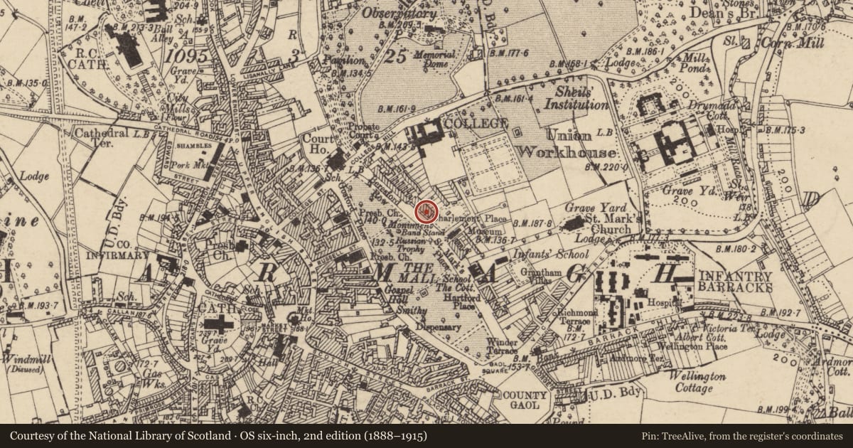 Ordnance Survey six-inch map, 2nd edition (1888–1915) covering the location of 4 Charlemont Place, Armagh City, Banbridge and Craigavon, with a pin at the register's coordinates