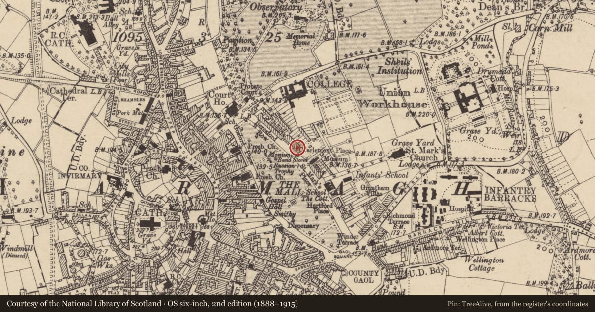 Ordnance Survey six-inch map, 2nd edition (1888–1915) covering the location of 5 Charlemont Place, Armagh City, Banbridge and Craigavon, with a pin at the register's coordinates