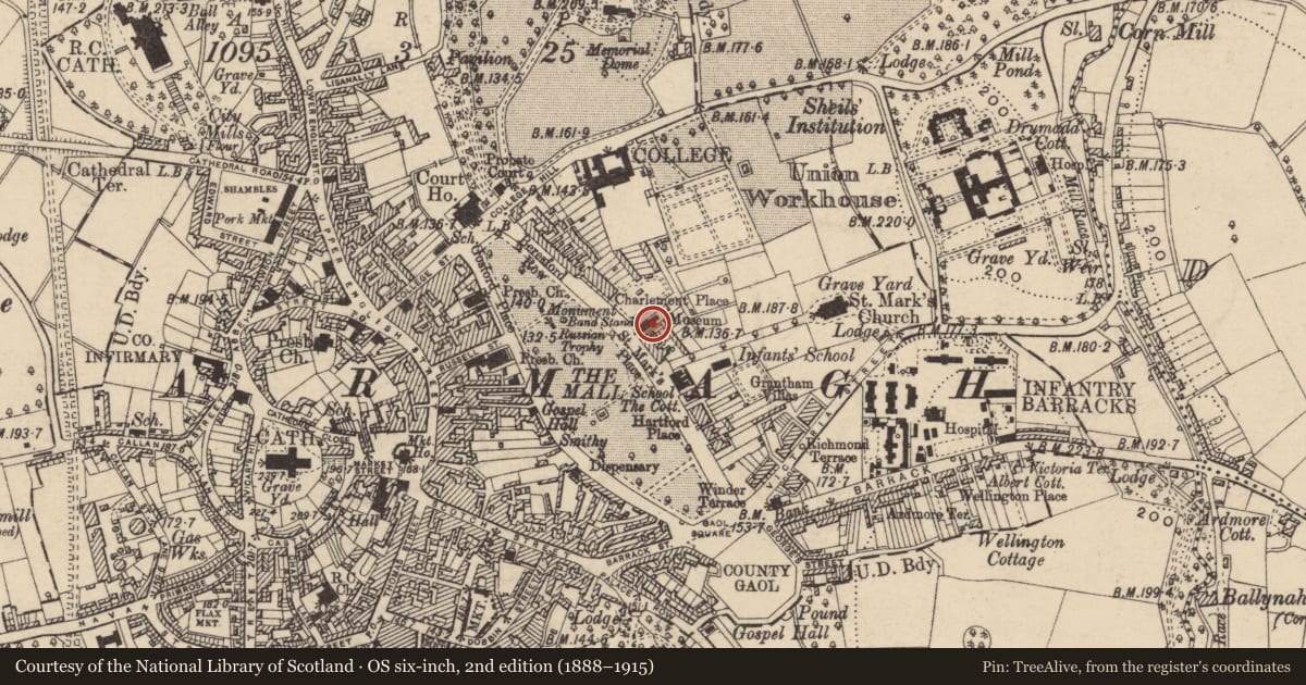 Ordnance Survey six-inch map, 2nd edition (1888–1915) covering the location of Portico Front Of County Museum, Armagh City, Banbridge and Craigavon, with a pin at the register's coordinates