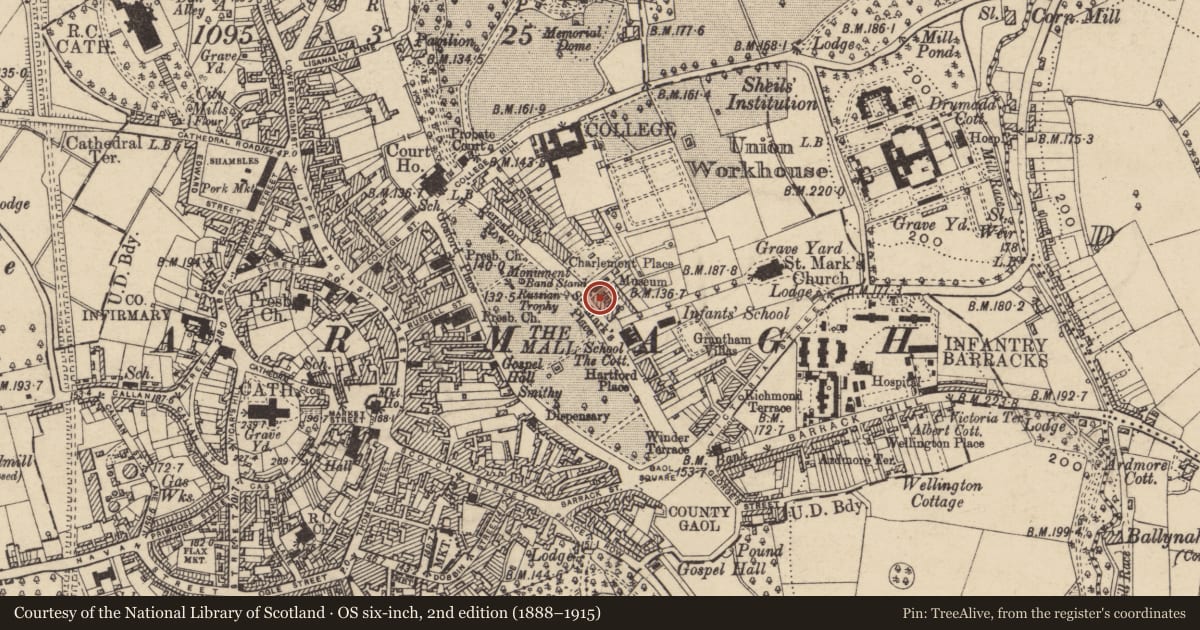 Ordnance Survey six-inch map, 2nd edition (1888–1915) covering the location of 1 St. Mark'S Place, Armagh City, Banbridge and Craigavon, with a pin at the register's coordinates