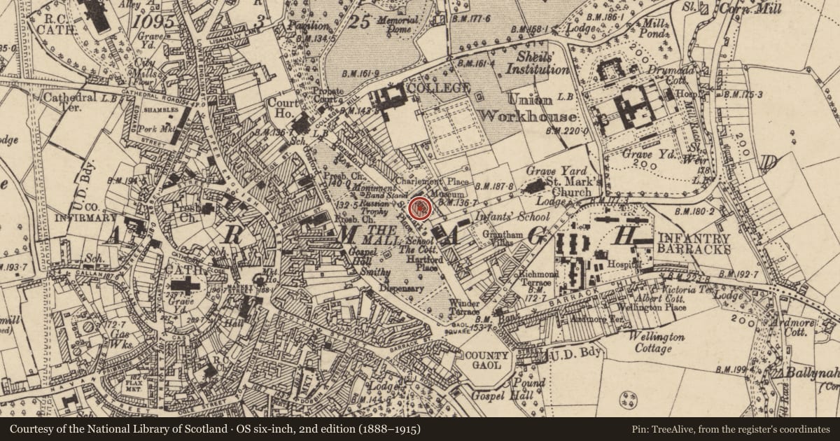 Ordnance Survey six-inch map, 2nd edition (1888–1915) covering the location of 2 St. Mark'S Place, Armagh City, Banbridge and Craigavon, with a pin at the register's coordinates