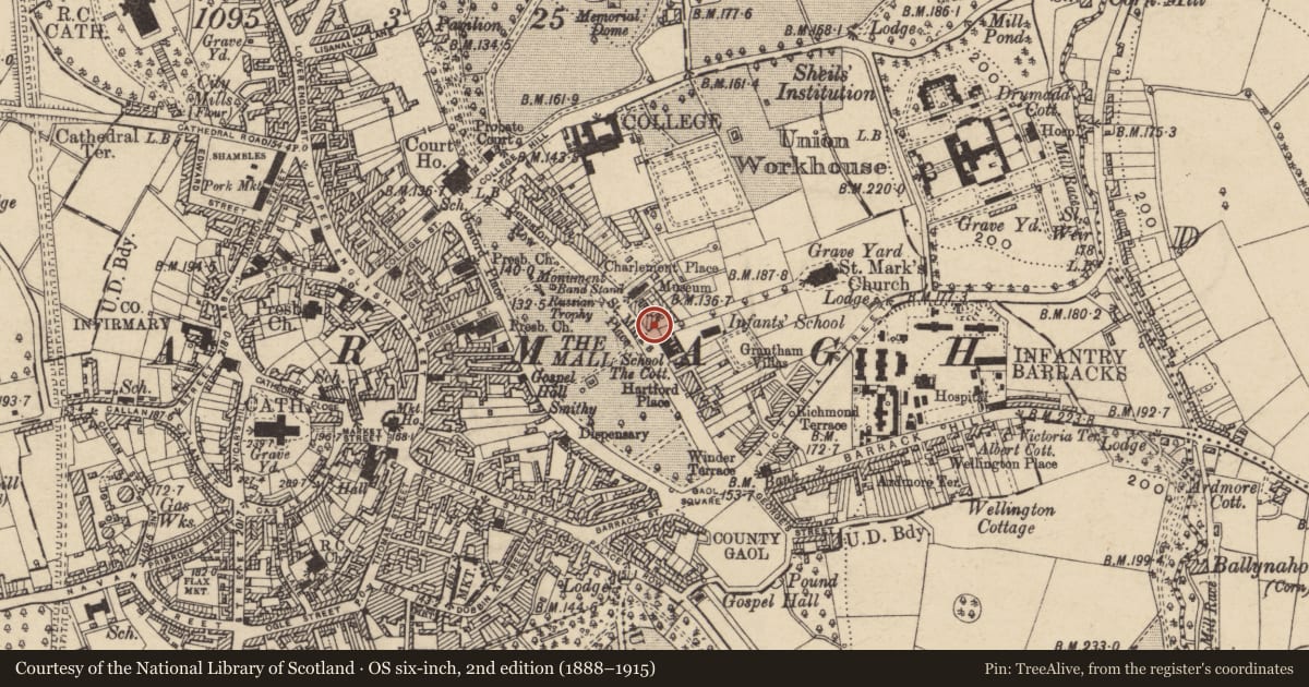 Ordnance Survey six-inch map, 2nd edition (1888–1915) covering the location of 5 St. Mark'S Place, Armagh City, Banbridge and Craigavon, with a pin at the register's coordinates