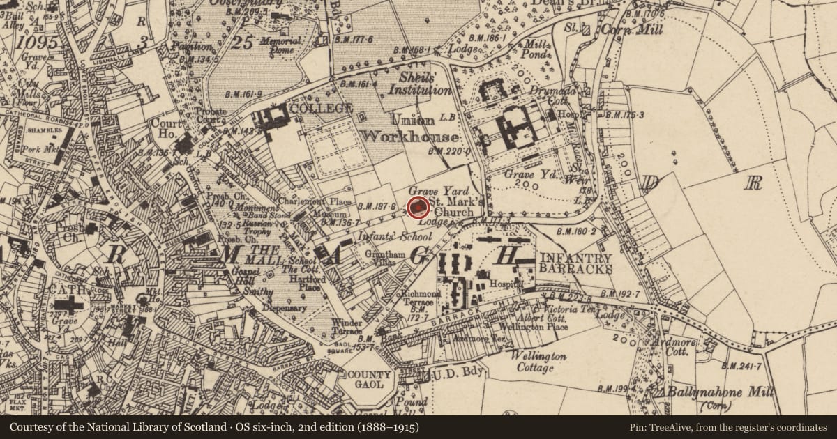 Ordnance Survey six-inch map, 2nd edition (1888–1915) covering the location of St.mark'S Church, Armagh City, Banbridge and Craigavon, with a pin at the register's coordinates