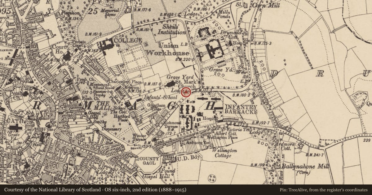 Ordnance Survey six-inch map, 2nd edition (1888–1915) covering the location of Gates/Screens/Lodges, Armagh City, Banbridge and Craigavon, with a pin at the register's coordinates