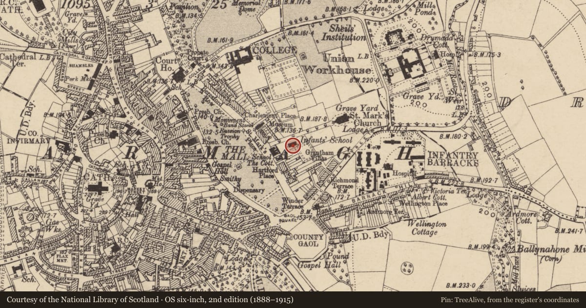 Ordnance Survey six-inch map, 2nd edition (1888–1915) covering the location of The Crozier Hall, Armagh City, Banbridge and Craigavon, with a pin at the register's coordinates