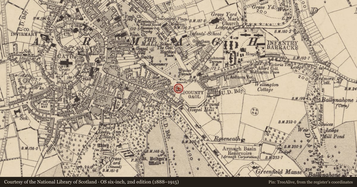 Ordnance Survey six-inch map, 2nd edition (1888–1915) covering the location of 2 Gaol Square, Armagh City, Banbridge and Craigavon, with a pin at the register's coordinates