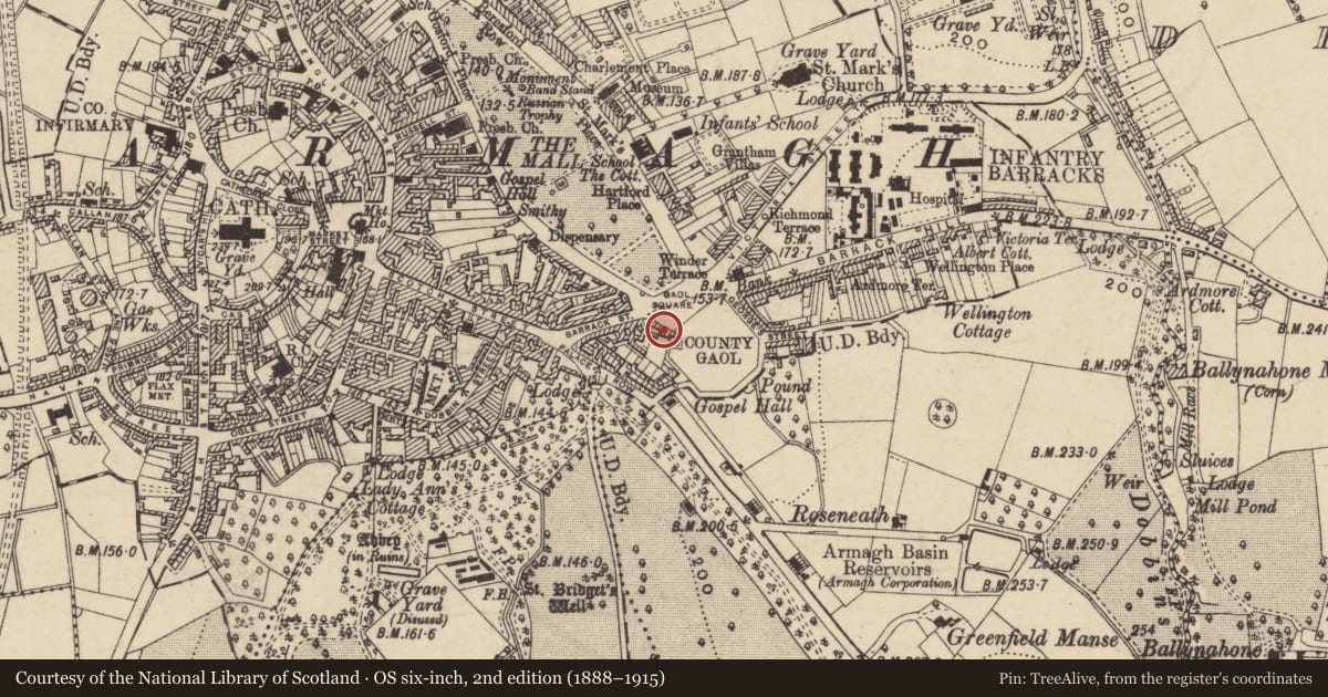 Ordnance Survey six-inch map, 2nd edition (1888–1915) covering the location of 3 Gaol Square, Armagh City, Banbridge and Craigavon, with a pin at the register's coordinates
