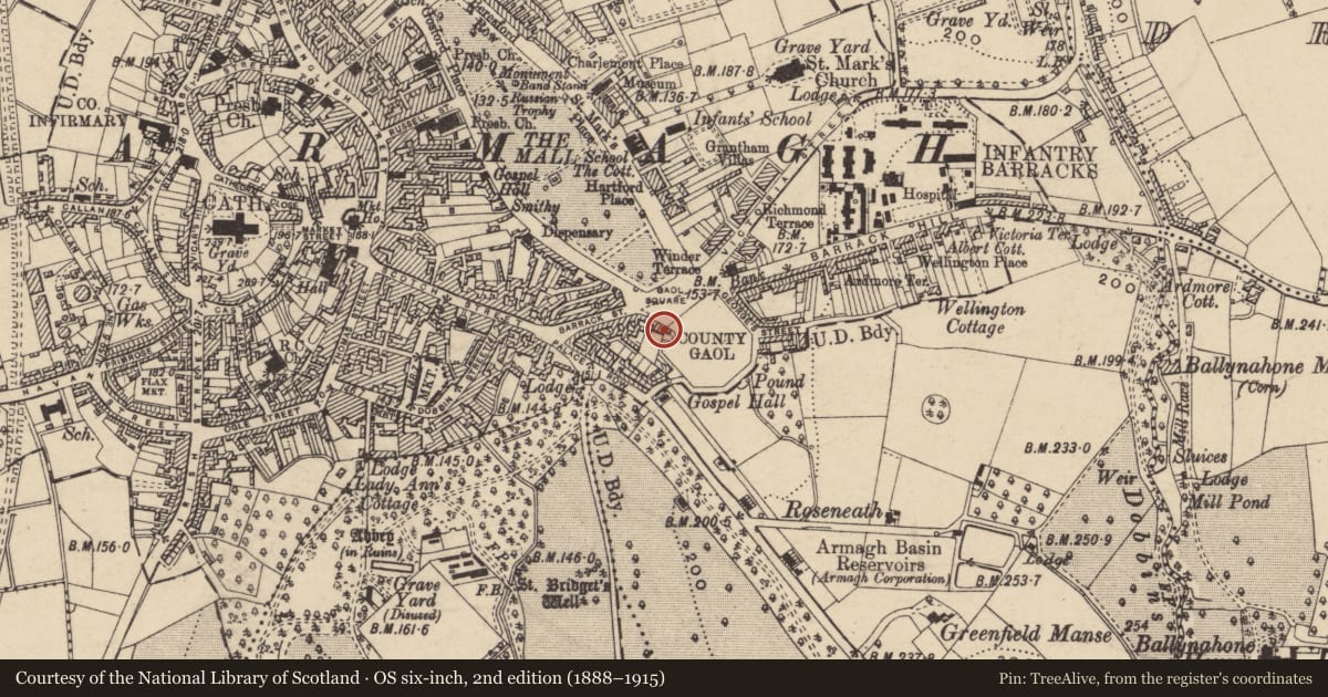 Ordnance Survey six-inch map, 2nd edition (1888–1915) covering the location of 5 Gaol Square, Armagh City, Banbridge and Craigavon, with a pin at the register's coordinates
