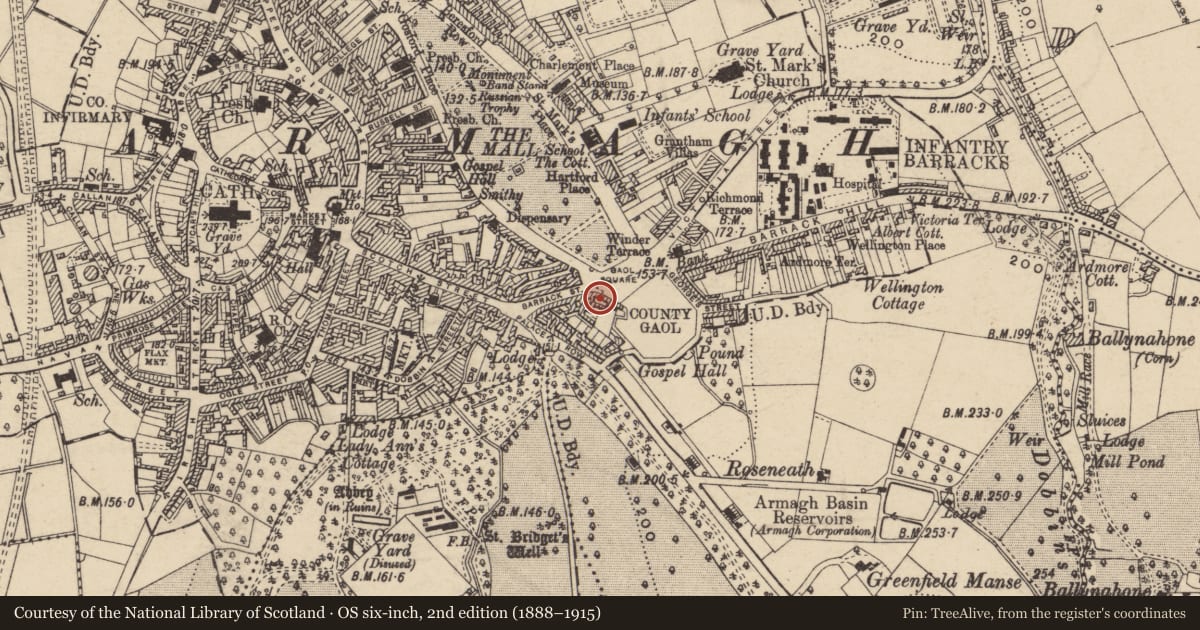 Ordnance Survey six-inch map, 2nd edition (1888–1915) covering the location of 21 Barrack St., Armagh City, Banbridge and Craigavon, with a pin at the register's coordinates