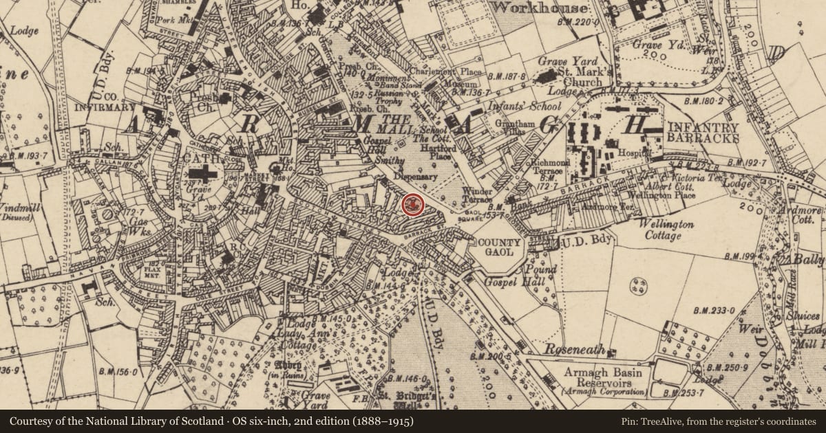 Ordnance Survey six-inch map, 2nd edition (1888–1915) covering the location of 2 Mallview Terrace, Armagh City, Banbridge and Craigavon, with a pin at the register's coordinates
