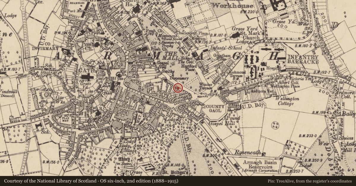 Ordnance Survey six-inch map, 2nd edition (1888–1915) covering the location of 3 Mallview Terrace, Armagh City, Banbridge and Craigavon, with a pin at the register's coordinates