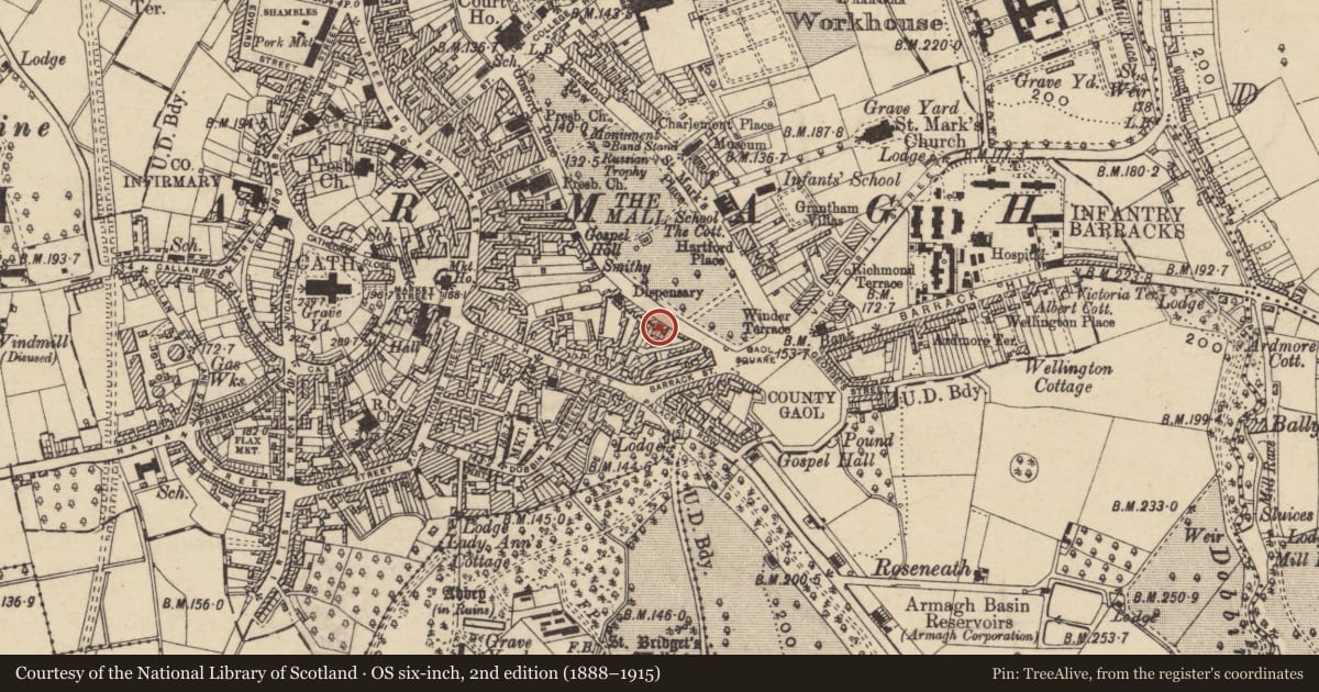 Ordnance Survey six-inch map, 2nd edition (1888–1915) covering the location of 4 Mallview Terrace, Armagh City, Banbridge and Craigavon, with a pin at the register's coordinates