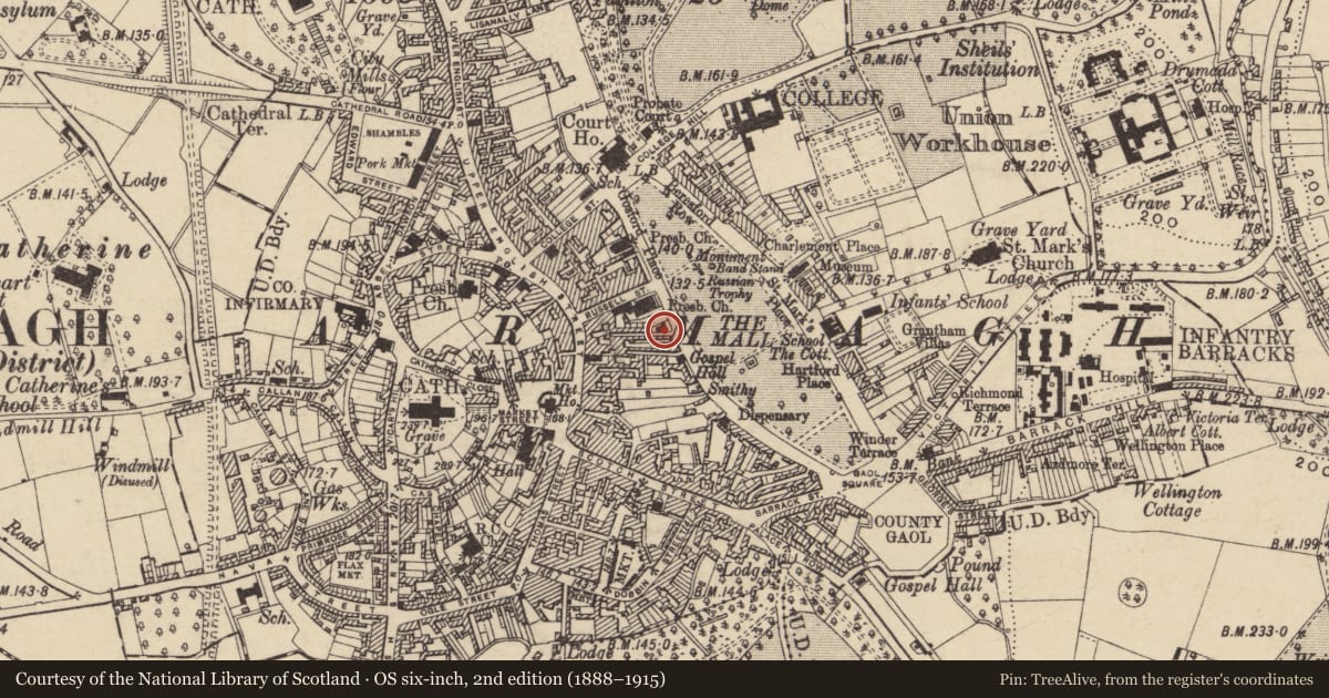 Ordnance Survey six-inch map, 2nd edition (1888–1915) covering the location of Gospel Hall, Armagh City, Banbridge and Craigavon, with a pin at the register's coordinates