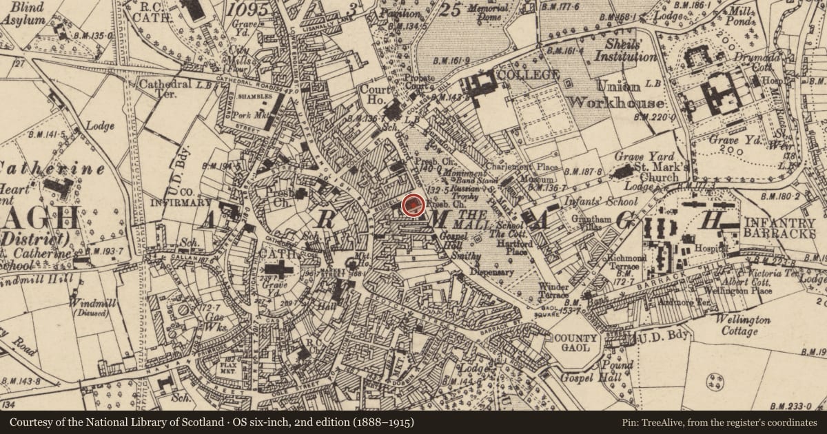 Ordnance Survey six-inch map, 2nd edition (1888–1915) covering the location of Armagh First Presbyterian Church, Armagh City, Banbridge and Craigavon, with a pin at the register's coordinates