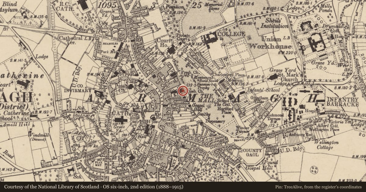 Ordnance Survey six-inch map, 2nd edition (1888–1915) covering the location of WALLING, Armagh City, Banbridge and Craigavon, with a pin at the register's coordinates