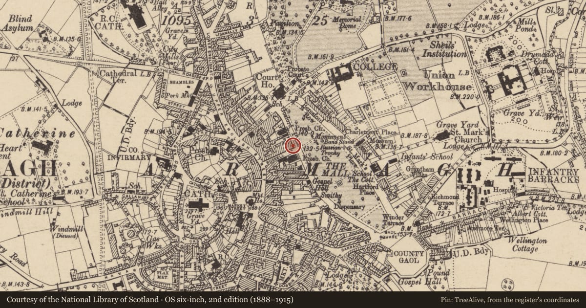 Ordnance Survey six-inch map, 2nd edition (1888–1915) covering the location of 1-2 Gosford Place, Armagh City, Banbridge and Craigavon, with a pin at the register's coordinates