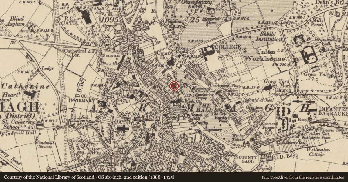 Ordnance Survey six-inch map, 2nd edition (1888–1915) covering the location of The Mall Presbyterian Church, Armagh City, Banbridge and Craigavon, with a pin at the register's coordinates