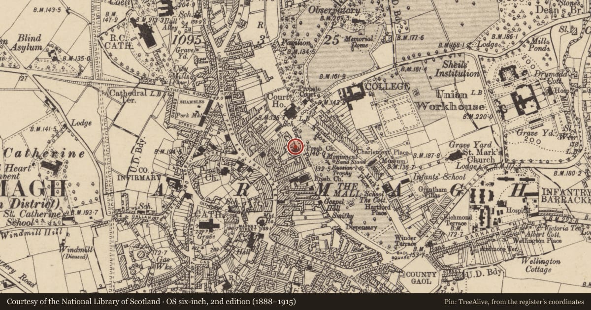 Ordnance Survey six-inch map, 2nd edition (1888–1915) covering the location of WAREHOUSE, Armagh City, Banbridge and Craigavon, with a pin at the register's coordinates