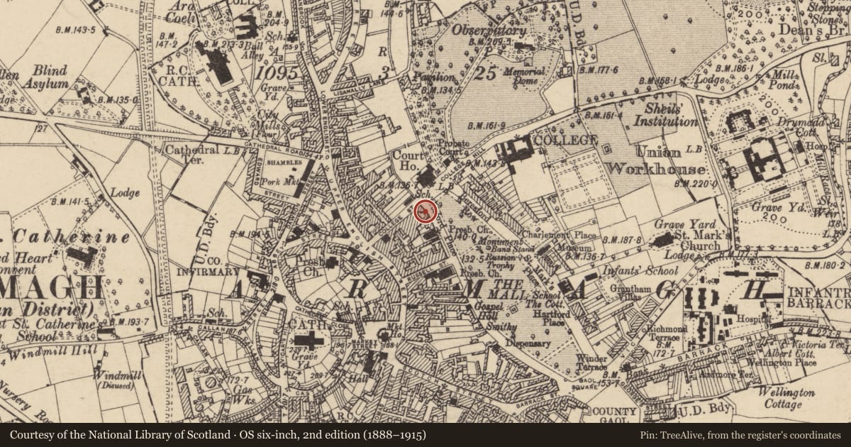 Ordnance Survey six-inch map, 2nd edition (1888–1915) covering the location of 3 Rokeby Green, Armagh City, Banbridge and Craigavon, with a pin at the register's coordinates