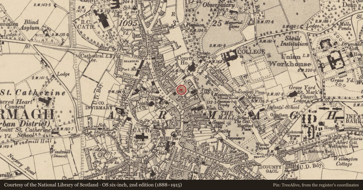 Ordnance Survey six-inch map, 2nd edition (1888–1915) covering the location of 11 College St., Armagh City, Banbridge and Craigavon, with a pin at the register's coordinates