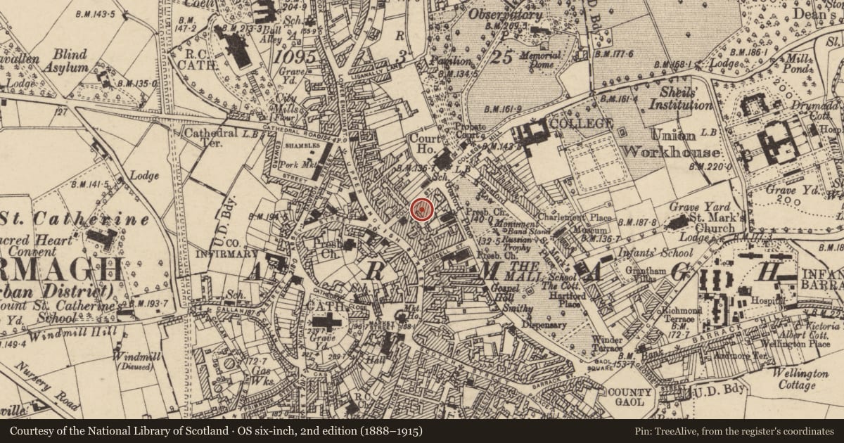 Ordnance Survey six-inch map, 2nd edition (1888–1915) covering the location of 13 College St., Armagh City, Banbridge and Craigavon, with a pin at the register's coordinates