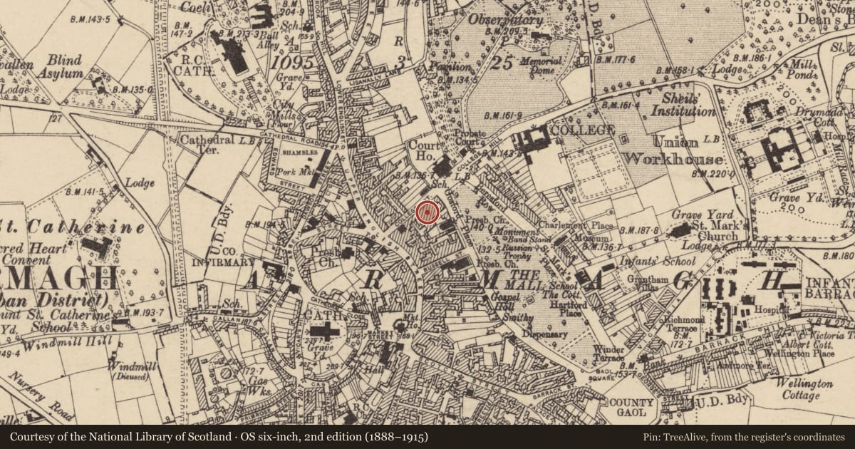 Ordnance Survey six-inch map, 2nd edition (1888–1915) covering the location of 17 College St., Armagh City, Banbridge and Craigavon, with a pin at the register's coordinates