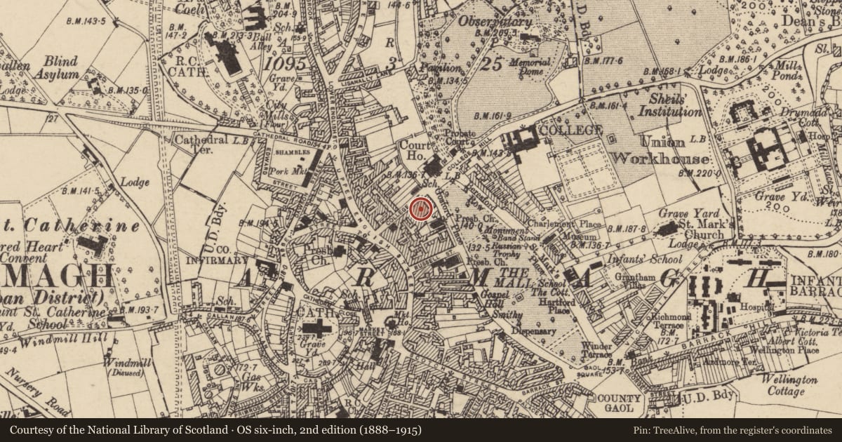 Ordnance Survey six-inch map, 2nd edition (1888–1915) covering the location of 19 College St., Armagh City, Banbridge and Craigavon, with a pin at the register's coordinates