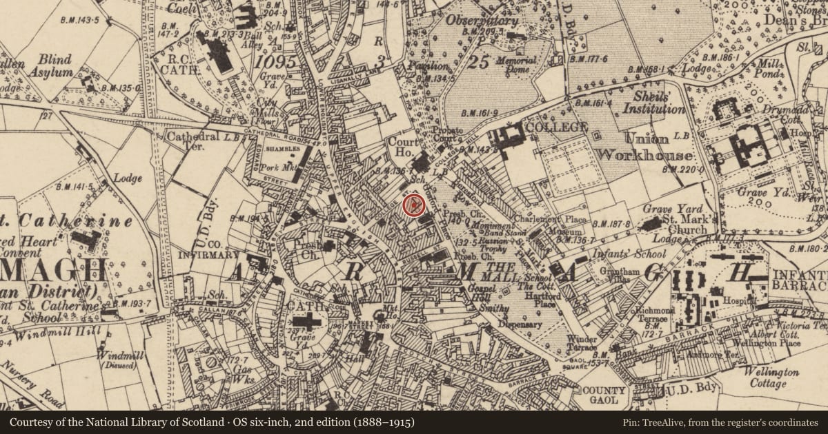 Ordnance Survey six-inch map, 2nd edition (1888–1915) covering the location of 21 College St., Armagh City, Banbridge and Craigavon, with a pin at the register's coordinates