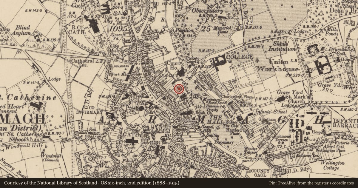 Ordnance Survey six-inch map, 2nd edition (1888–1915) covering the location of 23 College St., Armagh City, Banbridge and Craigavon, with a pin at the register's coordinates