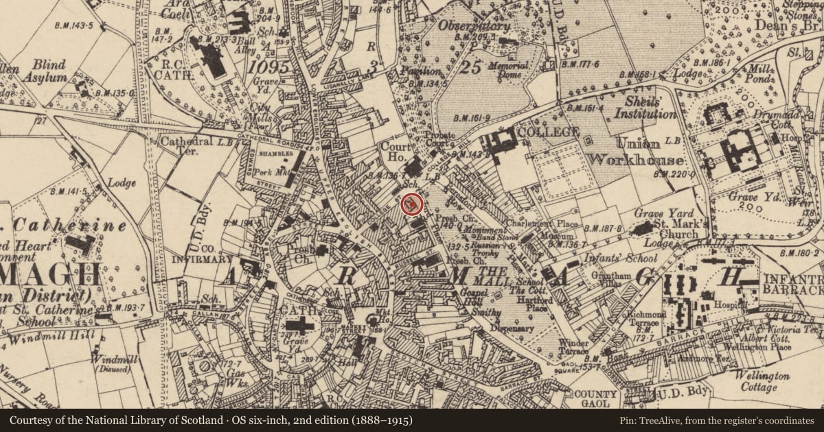 Ordnance Survey six-inch map, 2nd edition (1888–1915) covering the location of 25 College St., Armagh City, Banbridge and Craigavon, with a pin at the register's coordinates