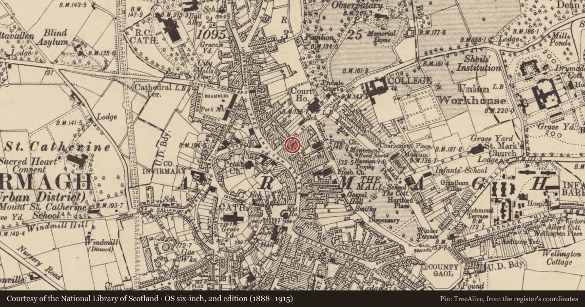 Ordnance Survey six-inch map, 2nd edition (1888–1915) covering the location of 7 College St., Armagh City, Banbridge and Craigavon, with a pin at the register's coordinates