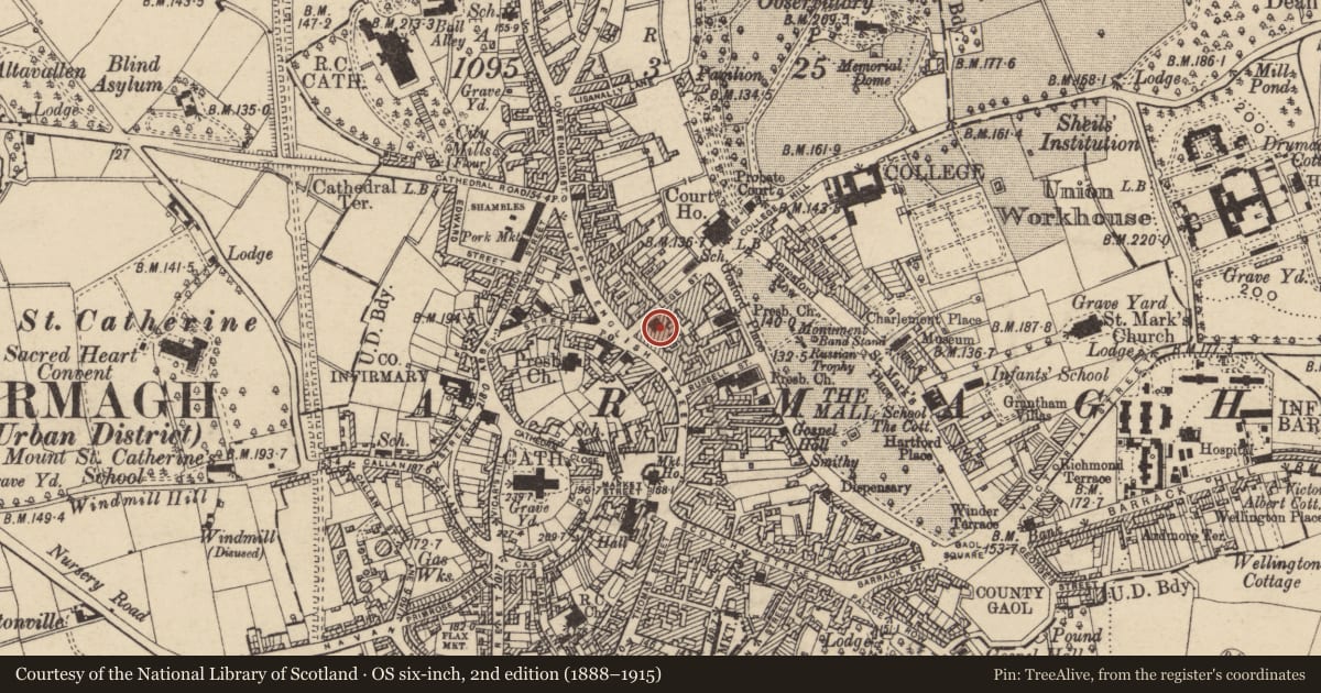Ordnance Survey six-inch map, 2nd edition (1888–1915) covering the location of Former Elim Church, Armagh City, Banbridge and Craigavon, with a pin at the register's coordinates