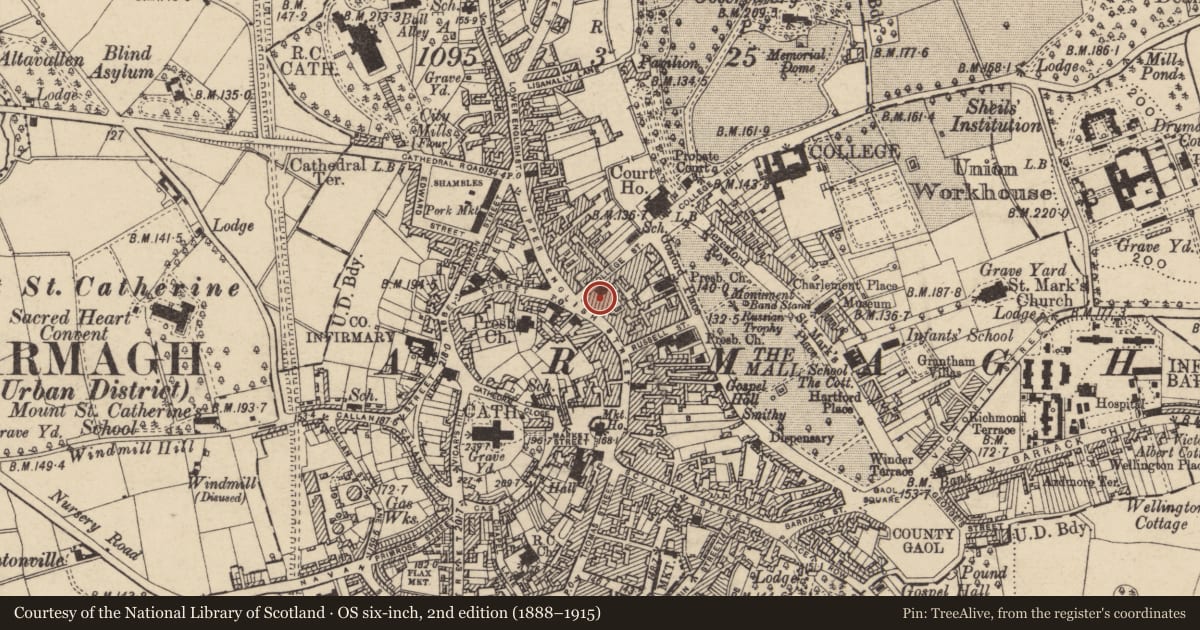 Ordnance Survey six-inch map, 2nd edition (1888–1915) covering the location of 1 College St., Armagh City, Banbridge and Craigavon, with a pin at the register's coordinates