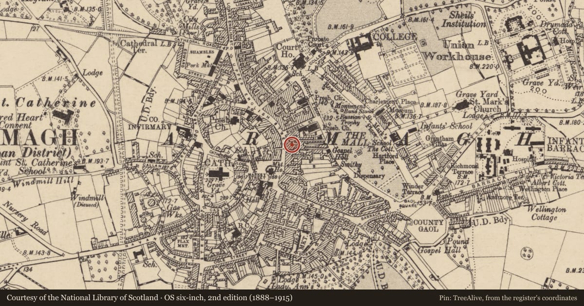 Ordnance Survey six-inch map, 2nd edition (1888–1915) covering the location of Bank Of Ireland, Armagh City, Banbridge and Craigavon, with a pin at the register's coordinates