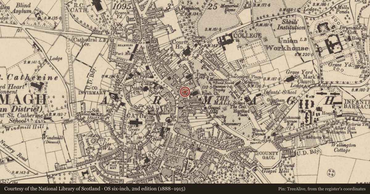 Ordnance Survey six-inch map, 2nd edition (1888–1915) covering the location of 8 Russell St., Armagh City, Banbridge and Craigavon, with a pin at the register's coordinates
