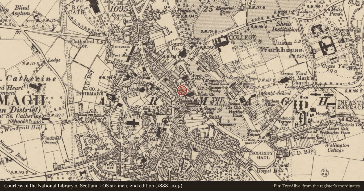 Ordnance Survey six-inch map, 2nd edition (1888–1915) covering the location of 10 Russell St., Armagh City, Banbridge and Craigavon, with a pin at the register's coordinates