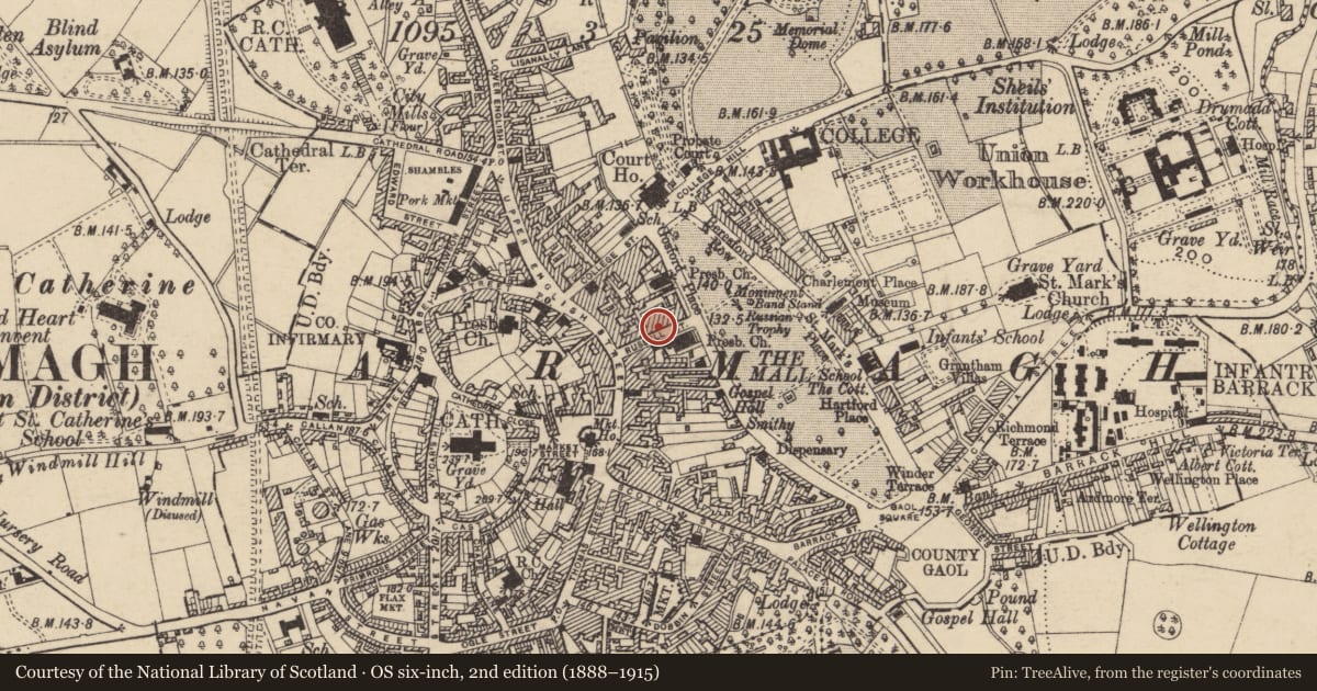 Ordnance Survey six-inch map, 2nd edition (1888–1915) covering the location of 12 Russell St., Armagh City, Banbridge and Craigavon, with a pin at the register's coordinates