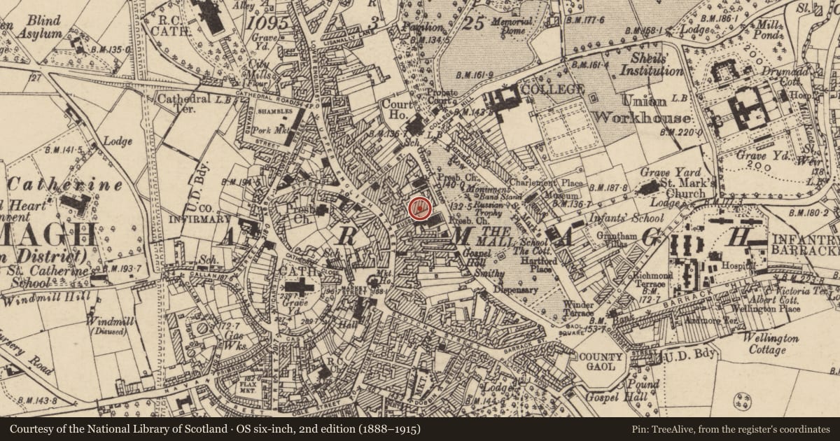 Ordnance Survey six-inch map, 2nd edition (1888–1915) covering the location of 14 Russell St., Armagh City, Banbridge and Craigavon, with a pin at the register's coordinates