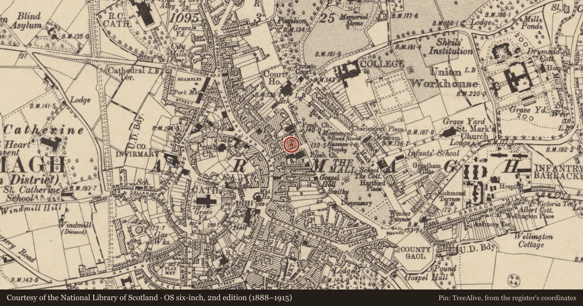 Ordnance Survey six-inch map, 2nd edition (1888–1915) covering the location of 16 Russell St., Armagh City, Banbridge and Craigavon, with a pin at the register's coordinates