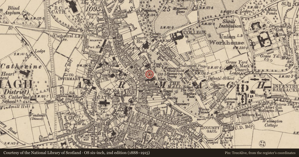 Ordnance Survey six-inch map, 2nd edition (1888–1915) covering the location of 18 Russell St., Armagh City, Banbridge and Craigavon, with a pin at the register's coordinates