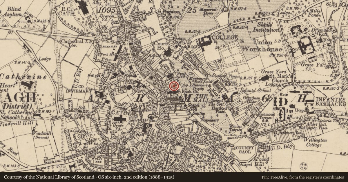 Ordnance Survey six-inch map, 2nd edition (1888–1915) covering the location of 20 Russell St., Armagh City, Banbridge and Craigavon, with a pin at the register's coordinates